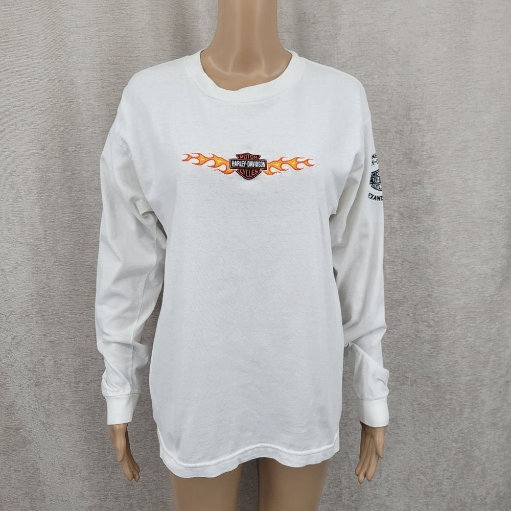 Harley-Davidson Vintage White Long Sleeve Shirt Embroidered Flames